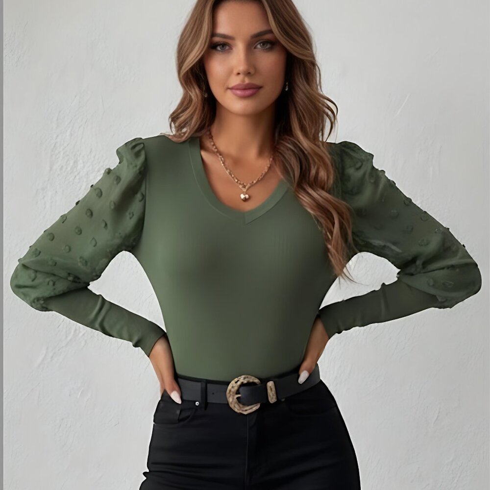 Green Swiss Dot Ribbed Gigot Sleeve V Neck Top - Picture 1 of 7